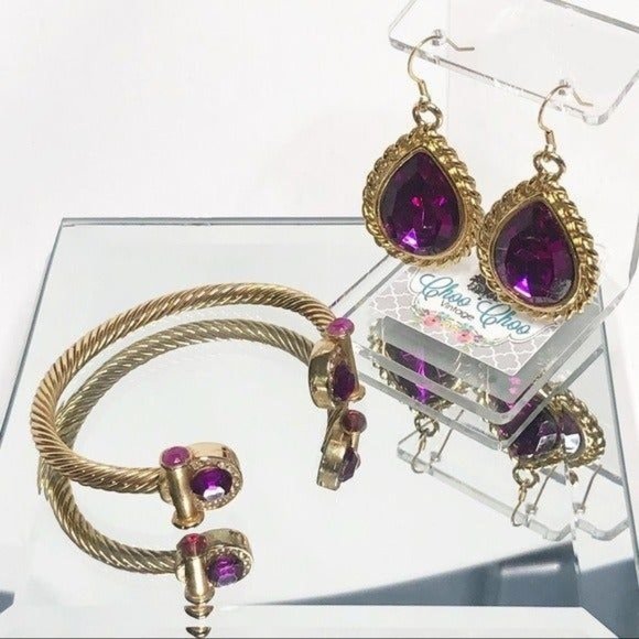Bold Gold & Purple  Elegant  Earrings & Bracelet Jewelry Set - Picture 3 of 10